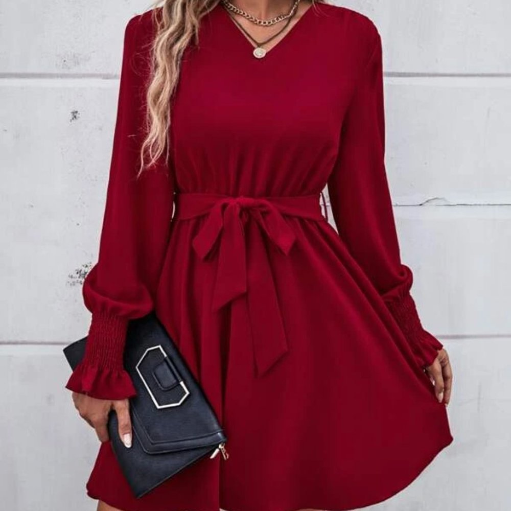 Red V Neck Flounce Sleeve Belted Dress